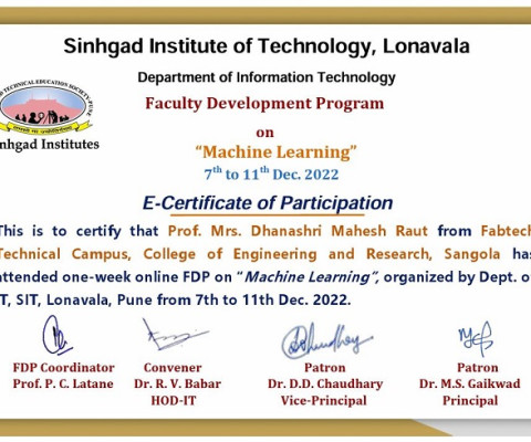E-Certificate of Participation of one-week online FDP on “Machine Learning”