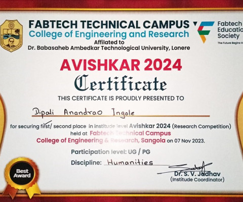 Secured first place in institute level Avishkar Research competition