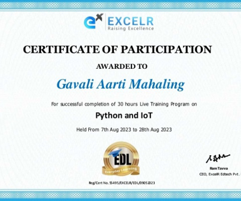 Certificate of participation in live training progamme on Python and IOT