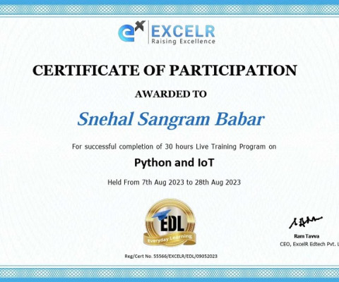 Certificate of participation in live training progamme on Python and IOT