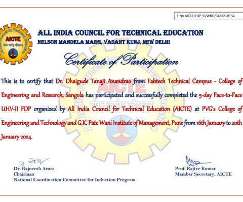 Certificate of participation in 5-day face to face UHV-II FDP