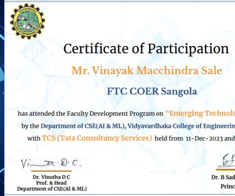 Certficate of Participation in Faculty development program on 