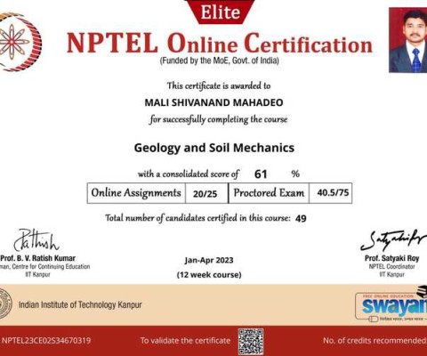 Mr. Mali Shivanand Mahadeo Successfully completed NPTEL course Geology & Soil Mechanics