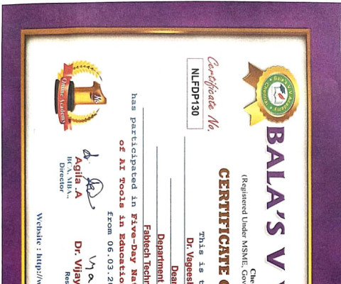 Certificate for FDP on five day national level FDP