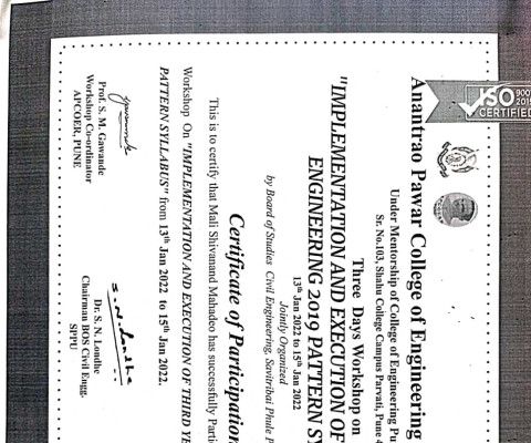 Certificate of participation in 3 day Workshop
