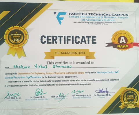 Certificate for Best Subject Faculty 2024-25 (Sem - I)