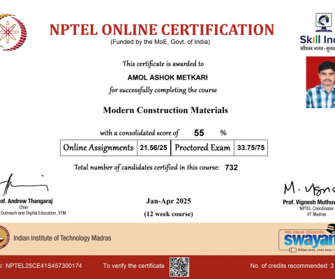 Certificate for course on Modern Construction Materials