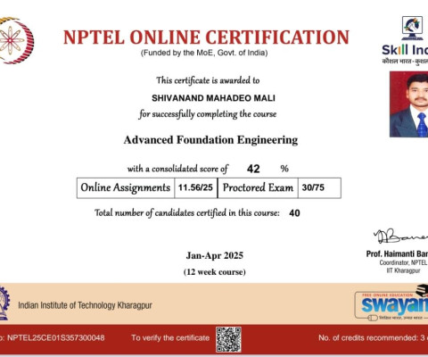 Certificate for course on Advanced Foundation Engineering