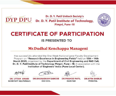 Certificate of participation for FDP on Research Excellence in Engineering Fields