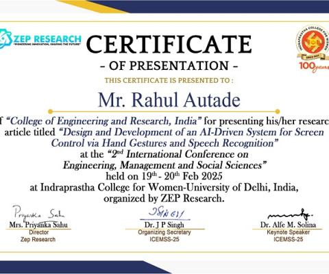 Research Certificate for AI Driven System for Screen Control via Hand Gestures & Speech Recognition