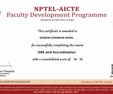Certificate of NPTL-AITEC FDP for completing the course successfully.