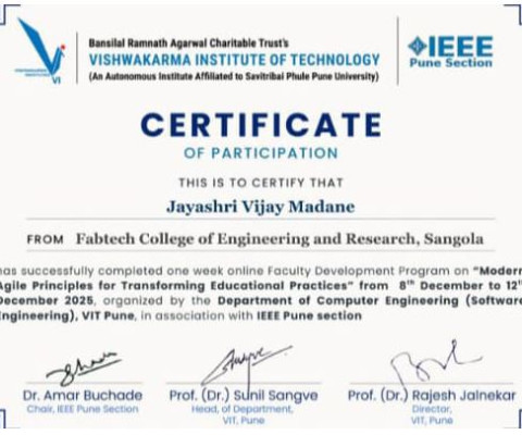 Certificate for participation in one week online faculty development program