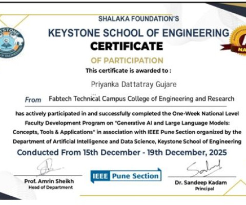 Certificate for actively participated & completing one week national FDP.