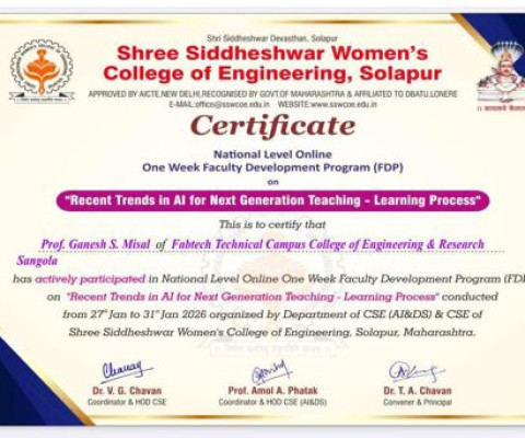 Certificate for actively participated in National Level Online one week FDP.