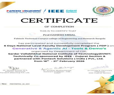 certificate for participating and successfully completing 6 days National Level FDP.