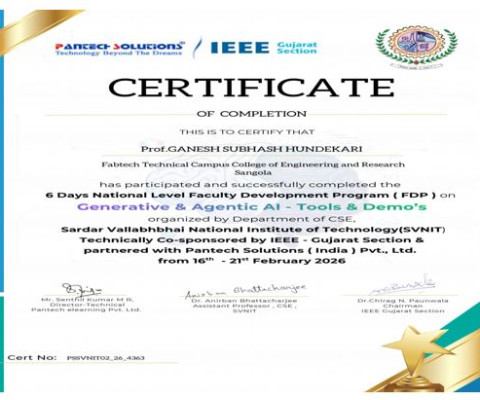 Certificate for partipating  & successfully completing 6 days National Level FDp. 