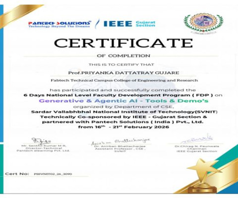 Certificate for sucessfully completing 6 days National level FDP.