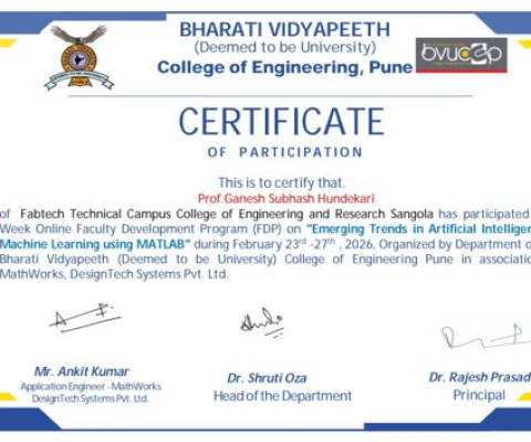 Certificate for participating in one week online FDP.